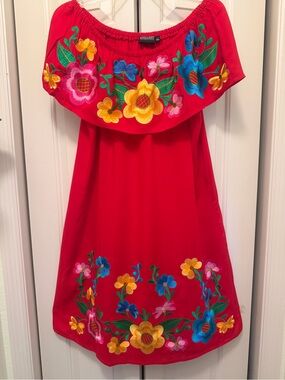 Mexican Embroidered Off-Shoulder Red Casual Dress